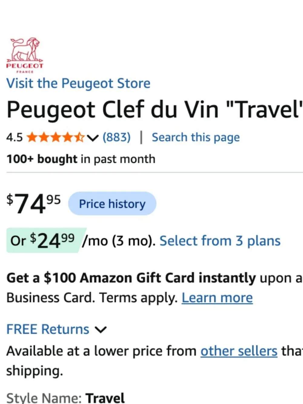 Peugeot Clef du Vin Travel Wine Tool Alloy Metal 6” New in Box Gift